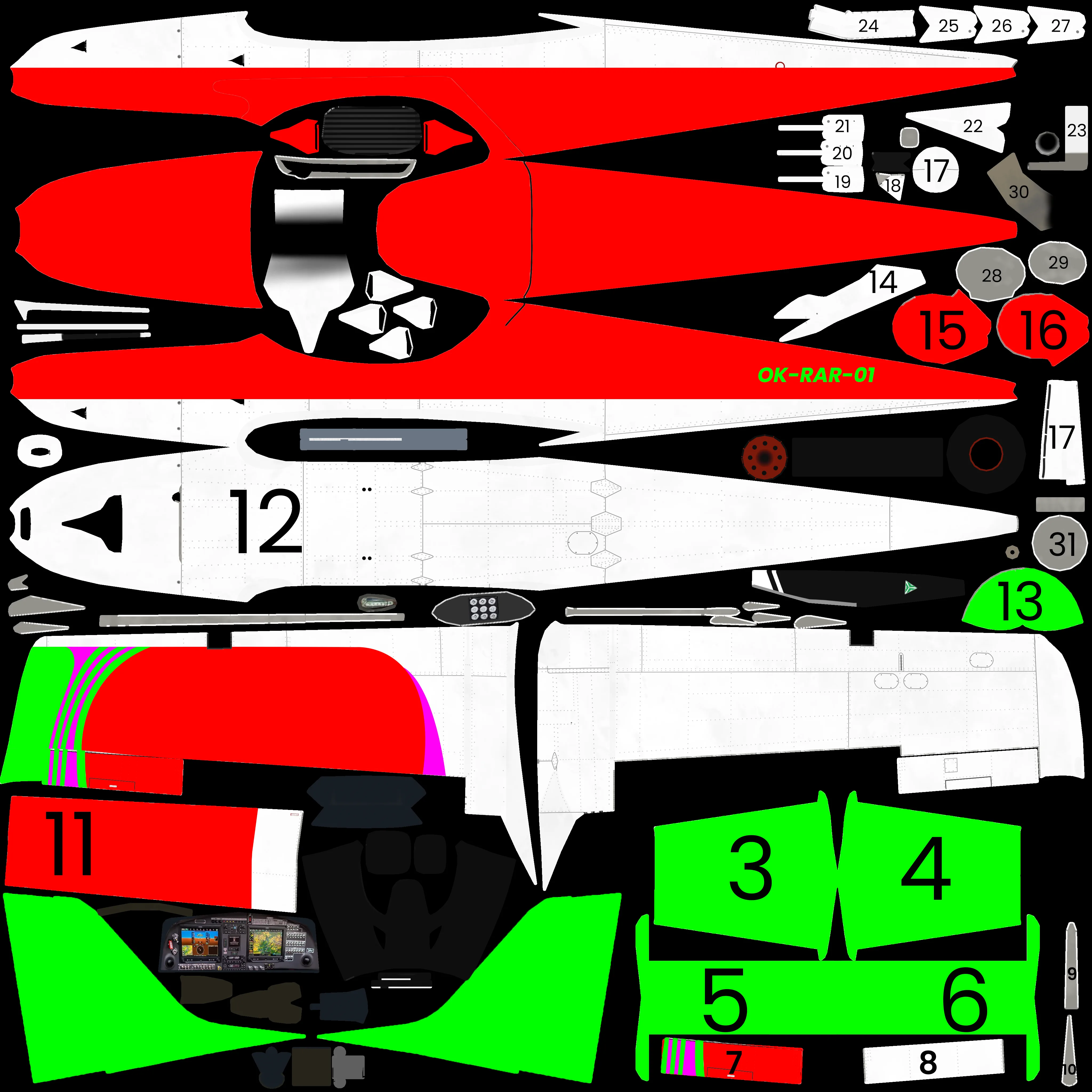 The numbered region map, in the same UV space: every part masked and given its own number so the model can recolor each region separately.