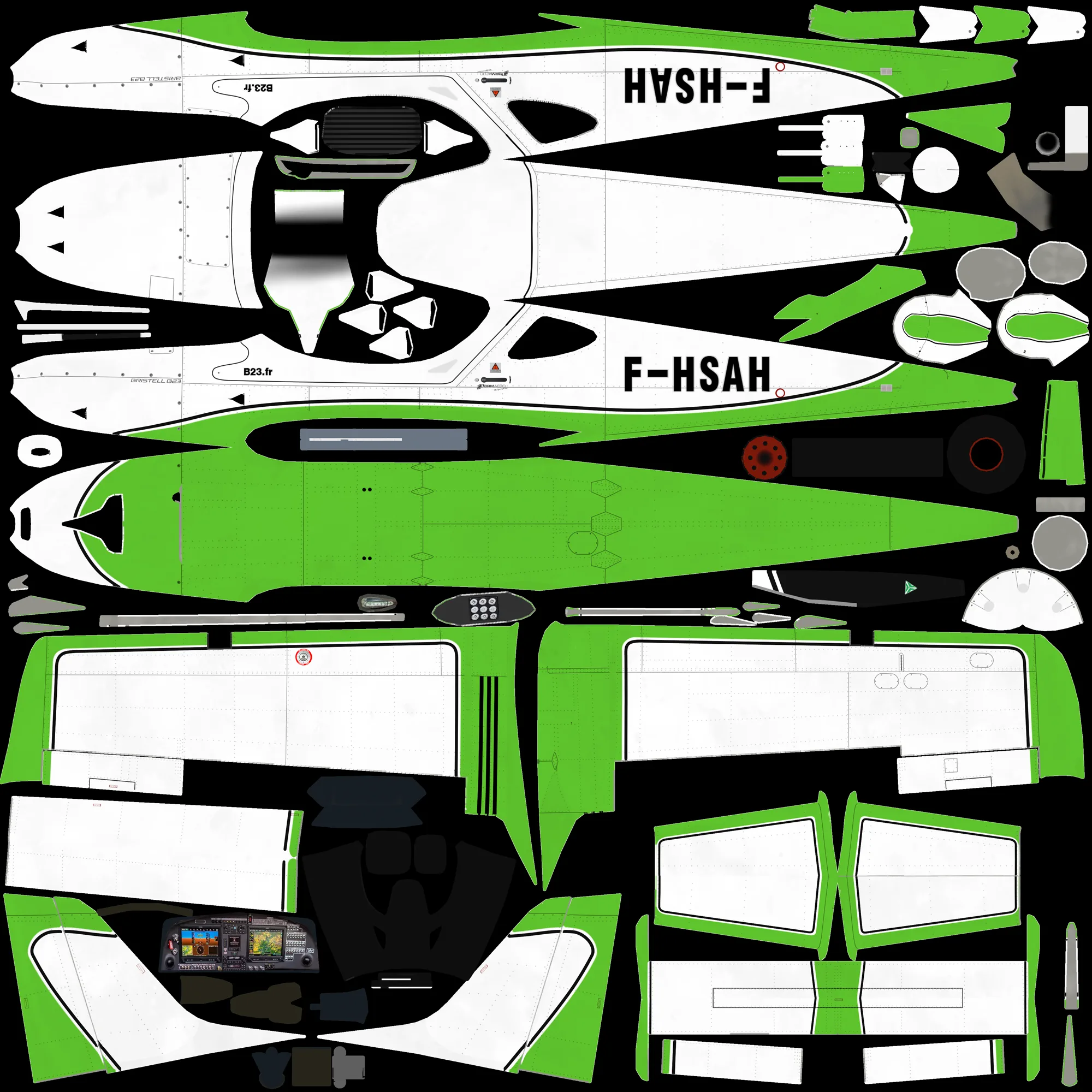 The base-color UV texture: the B23 surface unwrapped flat, the whole livery painted in Photoshop as one merged layer.